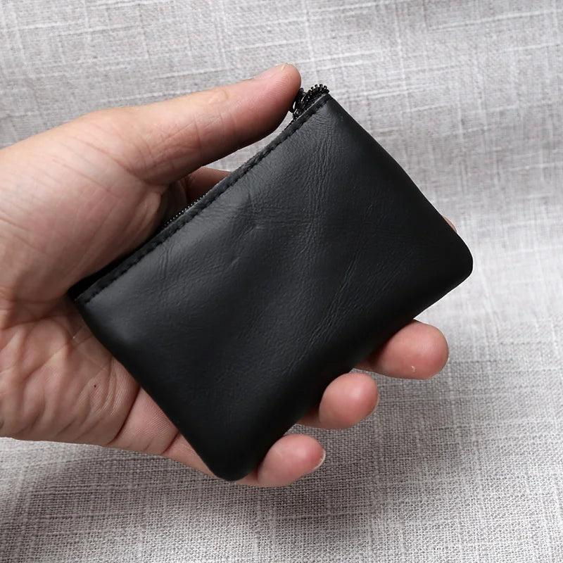 Leather Mini Coin Purse – Unisex Retro Handmade Cowhide Small Wallet with Zipper & Key Case