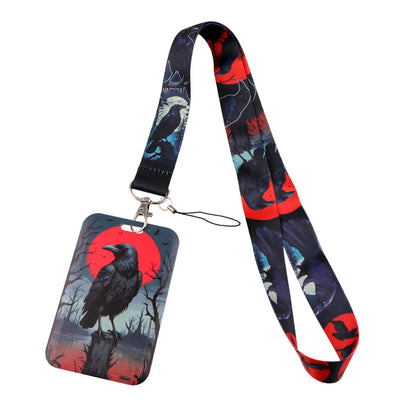Black Crow Punk Skull Lanyard – Credential Holder Neck Strap for Keys, ID Cards & Phone Accessories, Halloween Gift