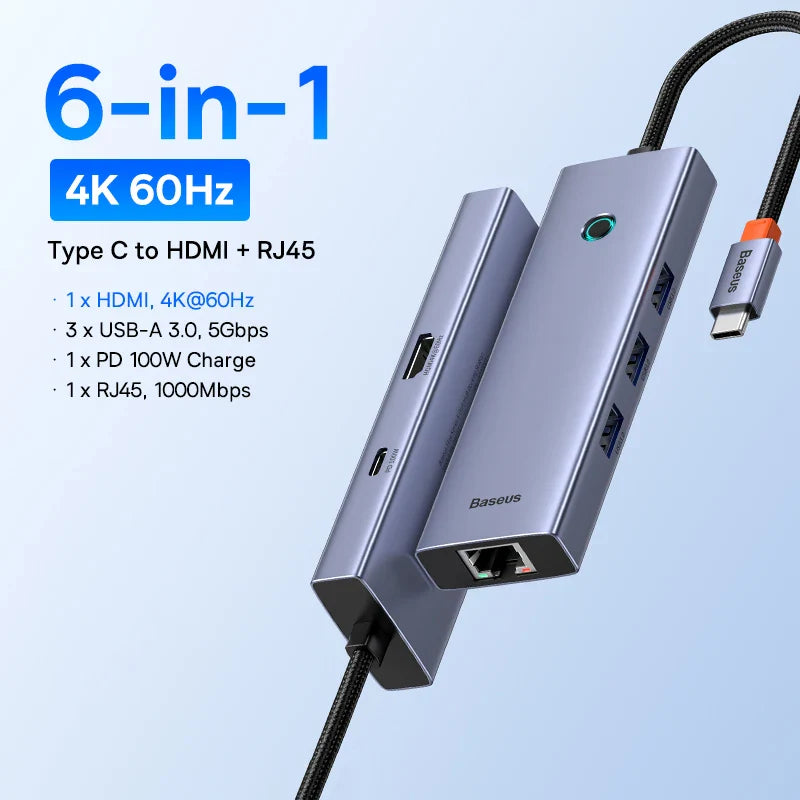 Baseus 13-in-1 USB-C Hub – HDMI, DP 4K 60Hz, RJ45, VGA, PD 100W, USB-A Adapter for MacBook & PC