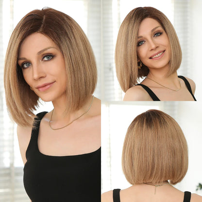 Brown Blonde Mixed Ombre Lace Front Wig – Short Wavy Bob Golden Blonde Remy Human Hair for White Women Daily Use