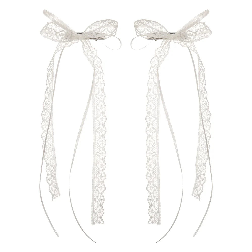 Korean Lace Cream White Bow Ribbon Hair Clip – Bullet Style Side Shredded Hairpin, Headpiece for Women, New Headwear