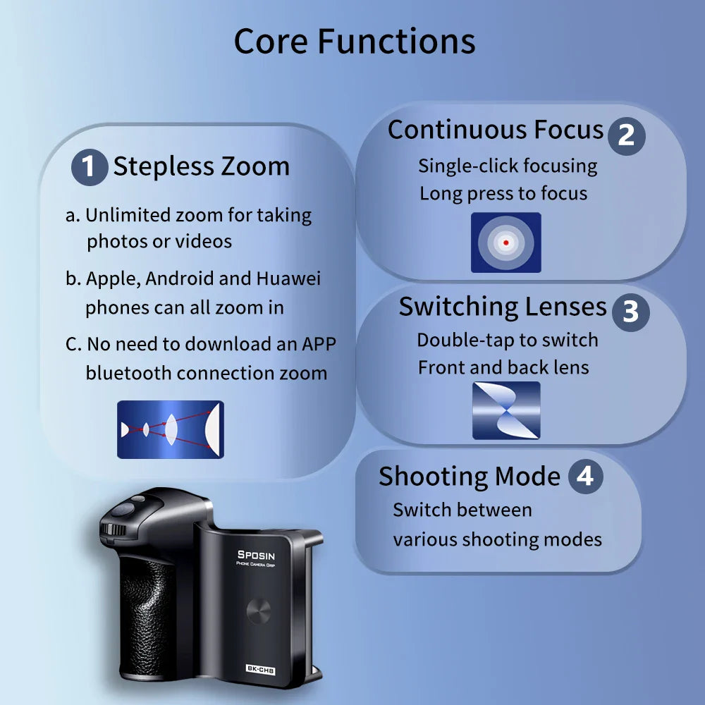 BK-CH8 Stepless Zoom Phone Camera Grip with Bluetooth Remote Shutter for iPhone & Android Selfie Controller Handle Booster Grip