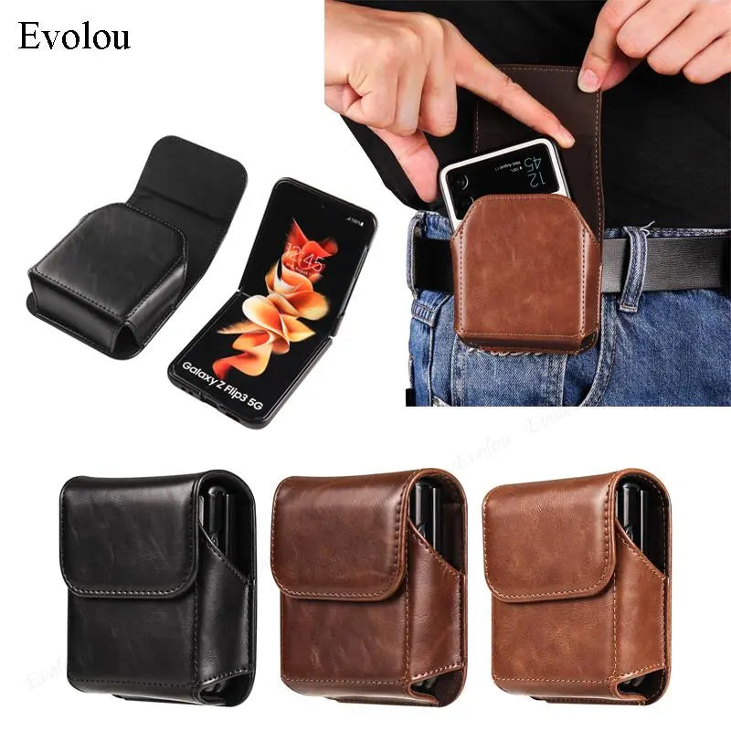Universal Genuine Leather Phone Bag with Belt Clip Holster - Compatible with Moto Razr 40, Samsung Z Flip 5/4, Huawei P50, Pocket Waist Cover