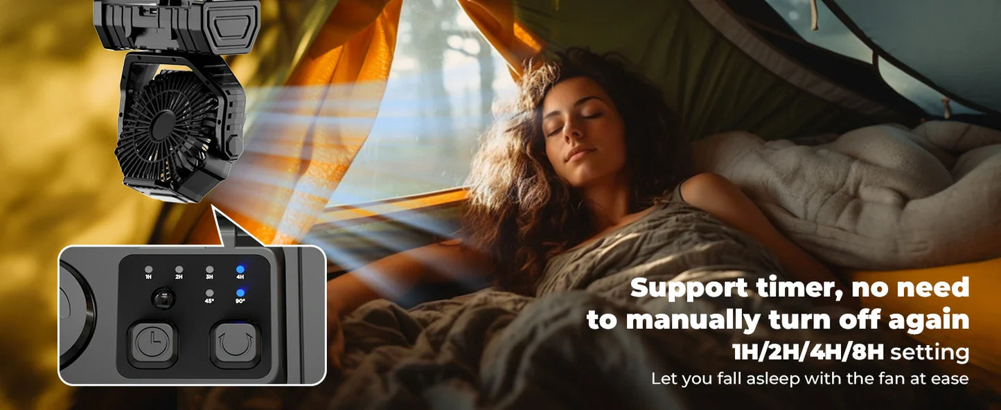 20000mAh Portable Camping Fan — Rechargeable Battery-Powered Outdoor Tent Fan with LED Light, Hanging Hook & 4-Speed Wind