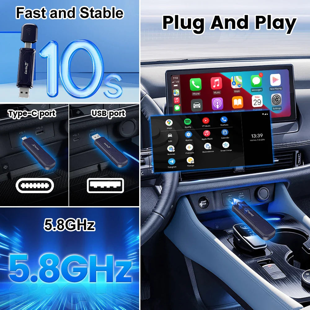 CarlinKit 5.0 Mini 5 Pro — Wireless CarPlay & Android Auto USB Dongle with WiFi & Bluetooth