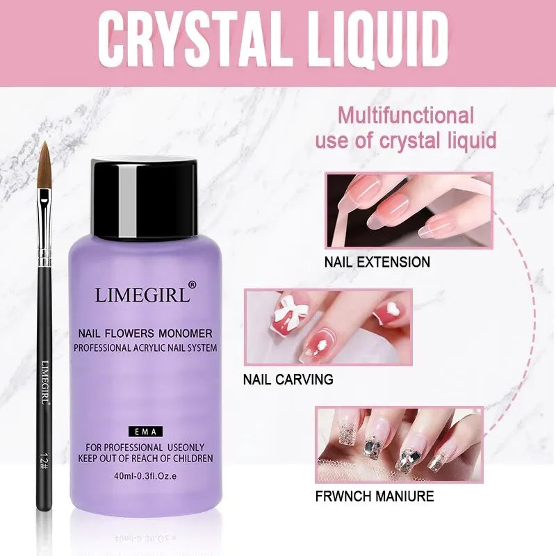 Acrylic Powder and Liquid Monomer Nail Art Kit – Crystal Glitter, 3D Tips, Carving Tools for Manicure Decoration