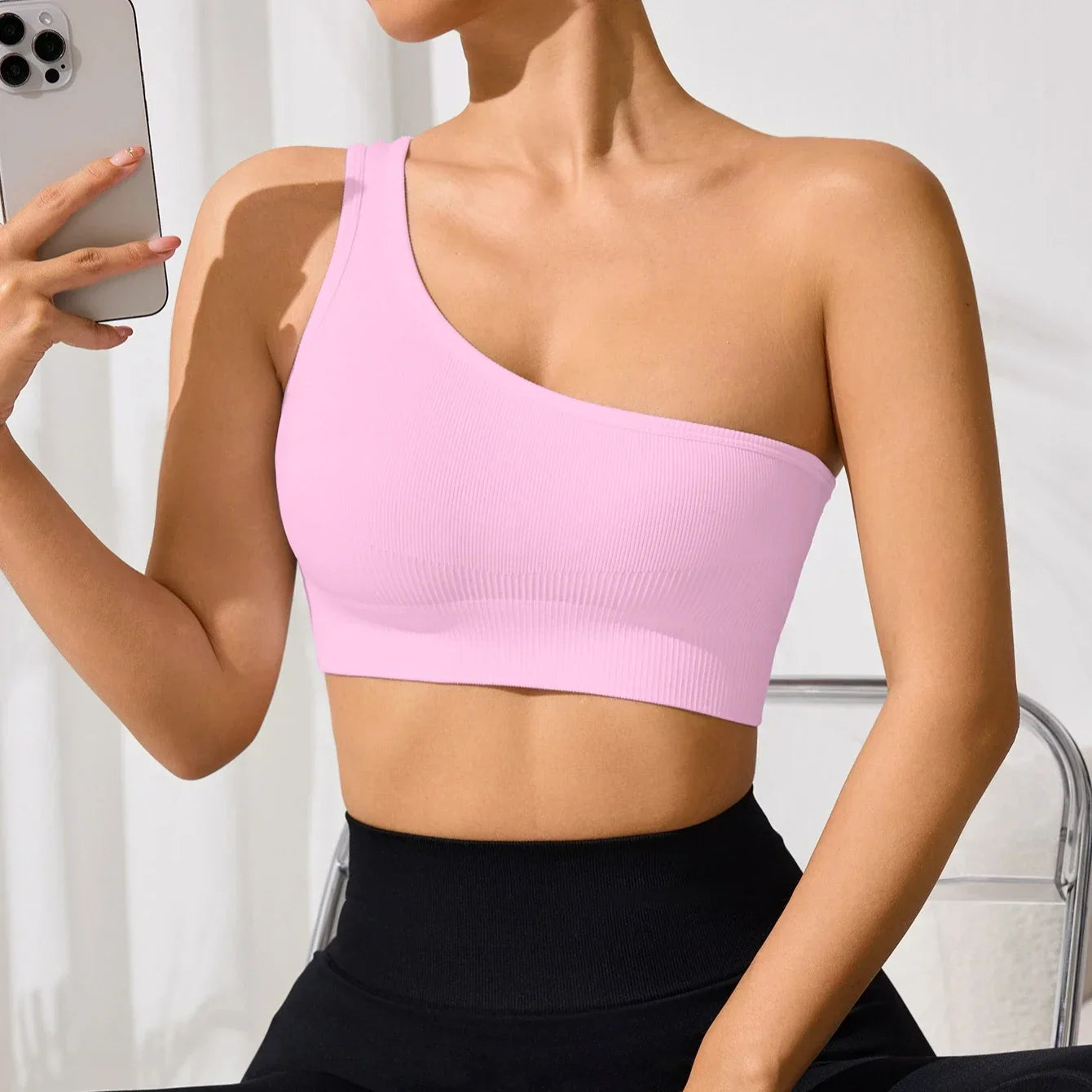 Seamless One Shoulder Yoga Sports Bra for Women – Mileegirl Ribbed Crop Top Quick Dry Gym Workout Bra