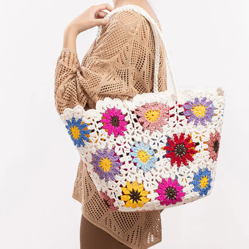 Women’s Handwoven Hollow Flower Handbag – Fashion Leisure Travel Tote Shoulder Bag for Vacation & Everyday Use