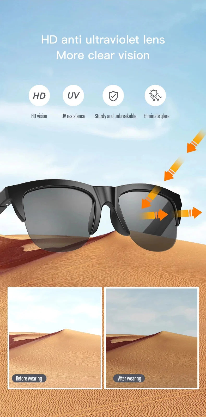 Smart Bluetooth V5.3 Sunglasses with HIFI Headphones – Outdoor Sports UV Glasses for Men & Women