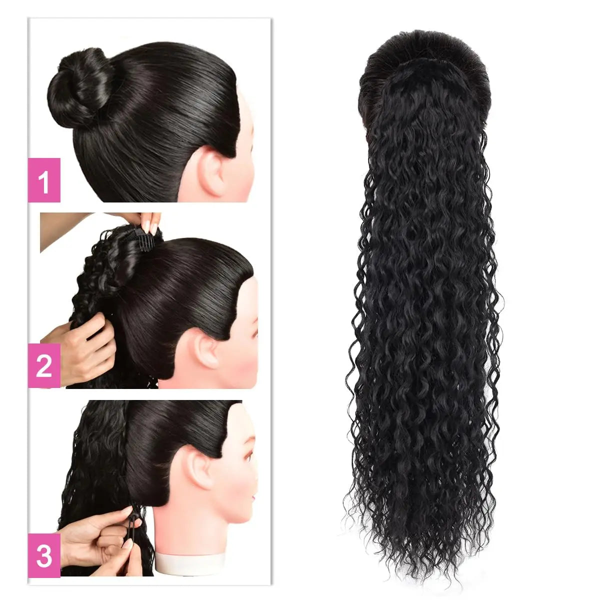24" Long Curly Wave Drawstring Ponytail Extension – Heat Resistant Synthetic Clip-In Hairpiece for Women & Girls