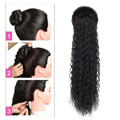 24" Long Curly Wave Drawstring Ponytail Extension – Heat Resistant Synthetic Clip-In Hairpiece for Women & Girls