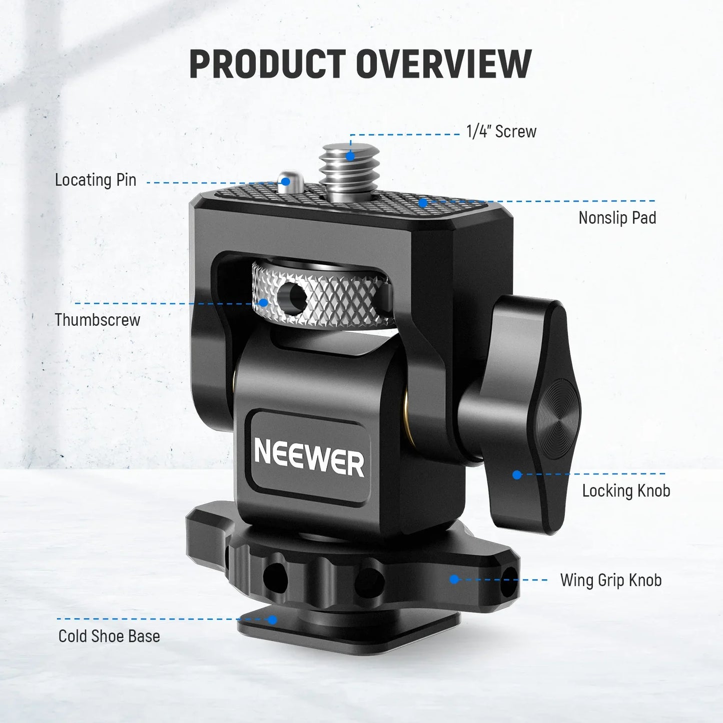 NEEWER Adjustable Camera Clamp – Monitor Mount with Cold Shoe, Anti-Twist 1/4" Screw for Flash & DIY Accessories
