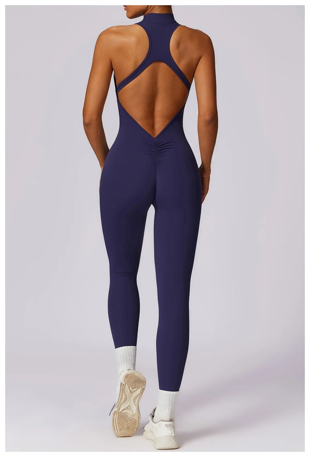 Women’s V-Back One-Piece Sports Jumpsuit — Sleeveless Yoga Romper with Zipper Workout Bodysuit