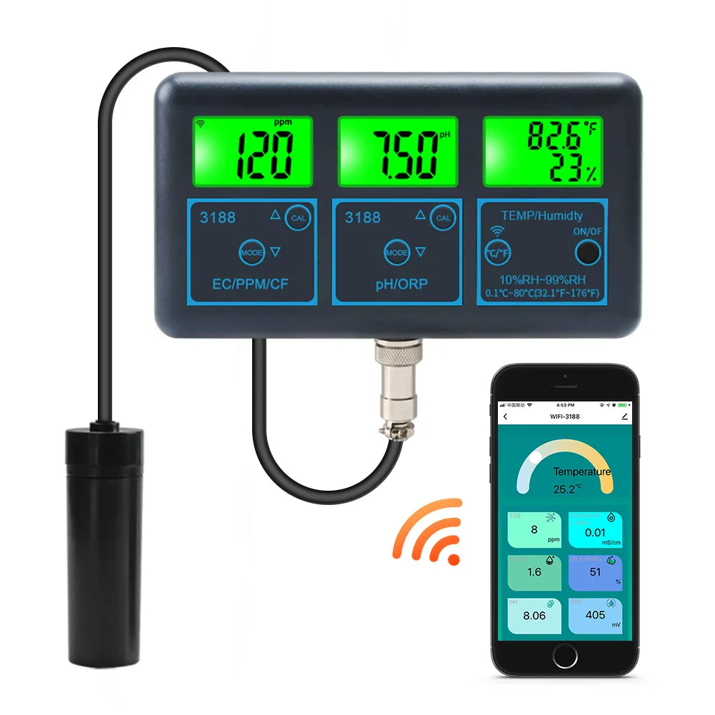 WiFi PH Meter & Water Tester – Temp, TDS, EC, ORP Smart Monitor for Aquariums, Hydroponics, Swimming Pools, Tuya APP Control