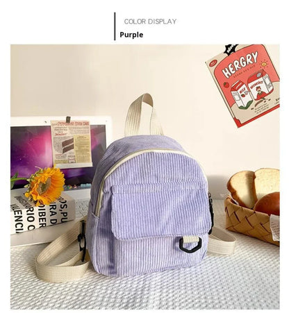 Women's Mini Backpack - Fashionable Solid Color Corduroy Casual Schoolbag with Large Capacity