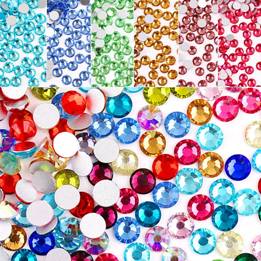 Glass Crystal Flatback Rhinestones Set SS6–SS30 – Non-Hotfix Round Glue-On Gems for Nail Art, DIY Crafts & Jewelry Decoration