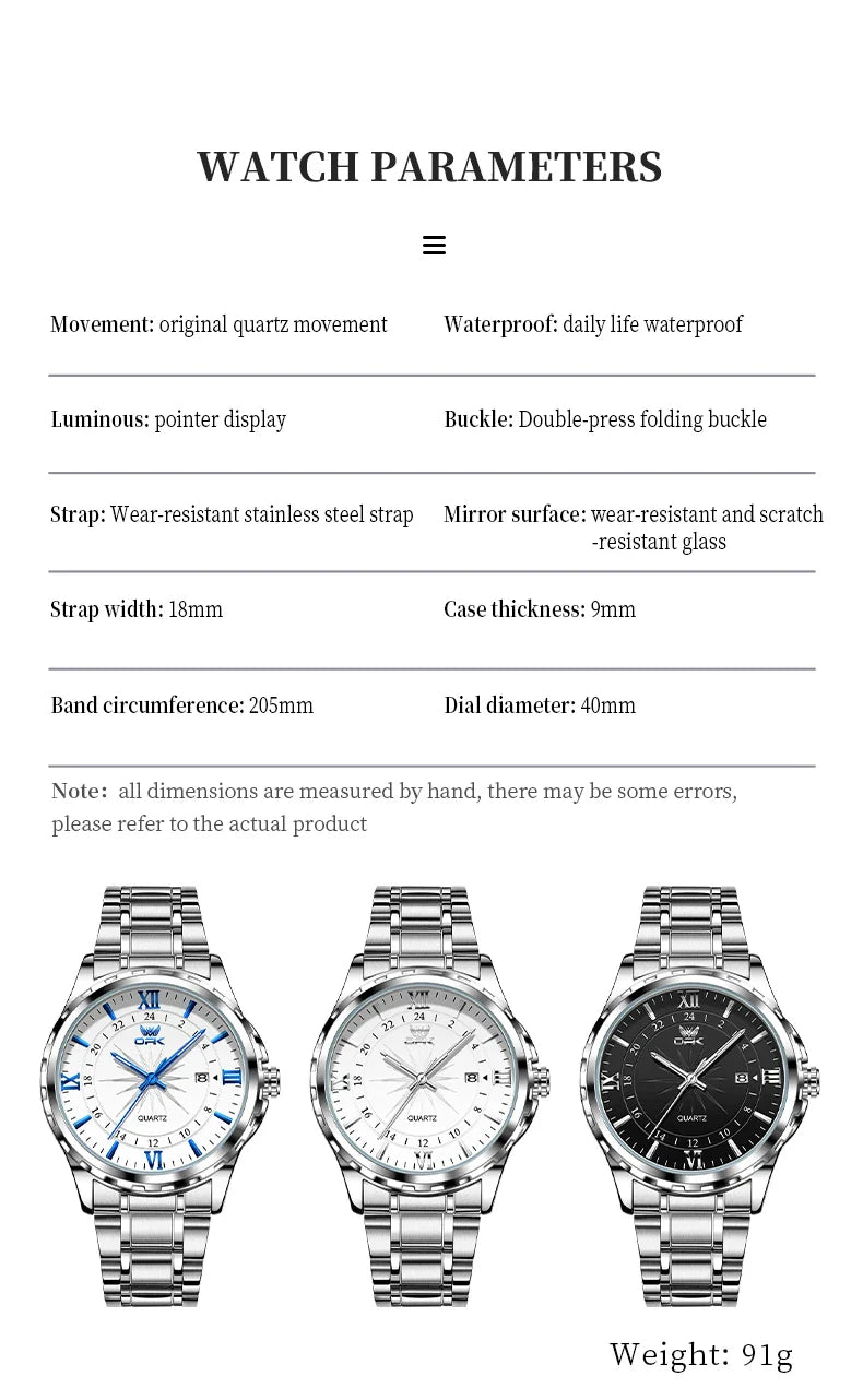 OPK Men's Quartz Watch — Steel Belt Dual Calendar Wristwatch Model 6003