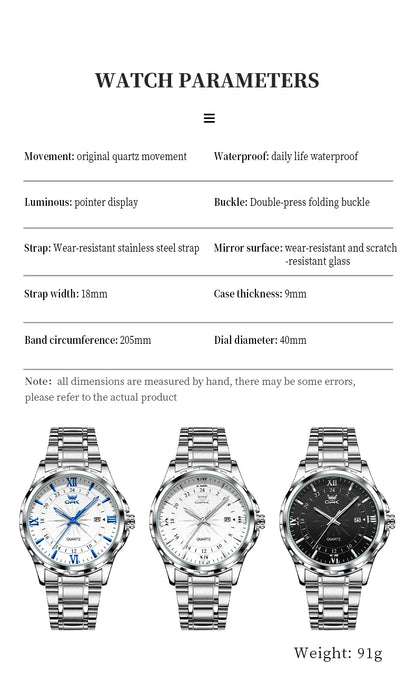 OPK Men's Quartz Watch — Steel Belt Dual Calendar Wristwatch Model 6003