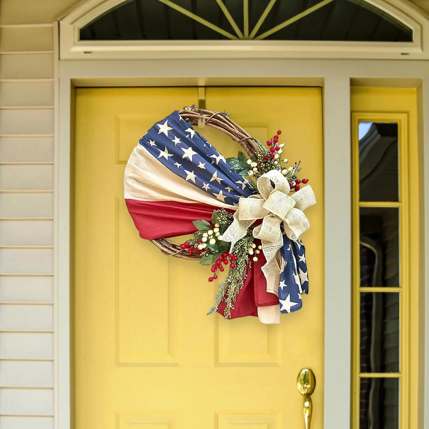 Patriotic American Flag Wreath for Front Door – Independence Day Hanging Decoration for Indoor & Outdoor Window Use, Artificial Red White Blue Wreath