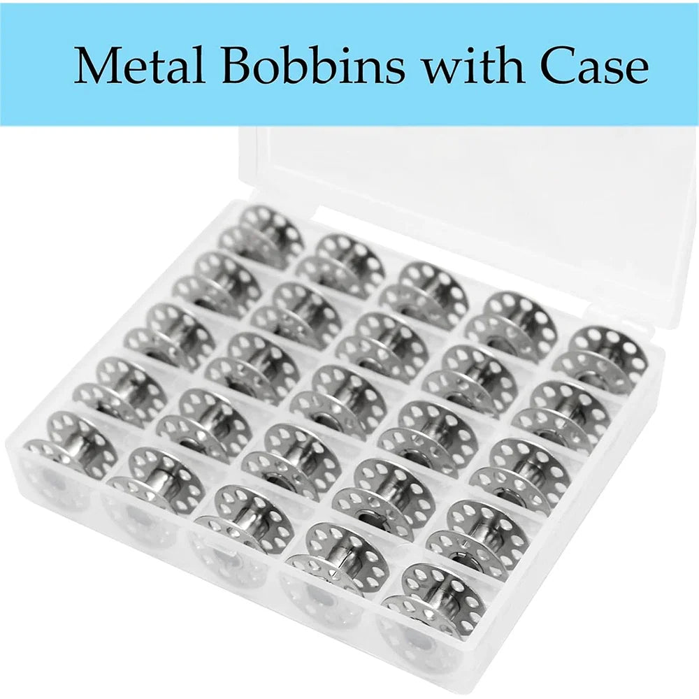 25PCS Metal Sewing Bobbins Set - Visible Mesh Storage Box for Singer Brother DIY Sewing Machine Accessories