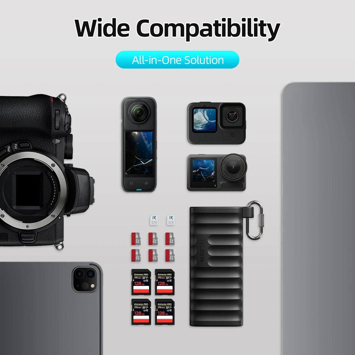 TELESIN 2-in-1 Micro SD Card Reader — High-Speed Type-C SD/TF Storage Reader for PC & Camera