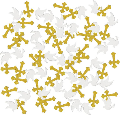 100PCS Glitter Cross & Dove Confetti – Elegant Wedding, Baptism & Birthday Religious Party Decorations