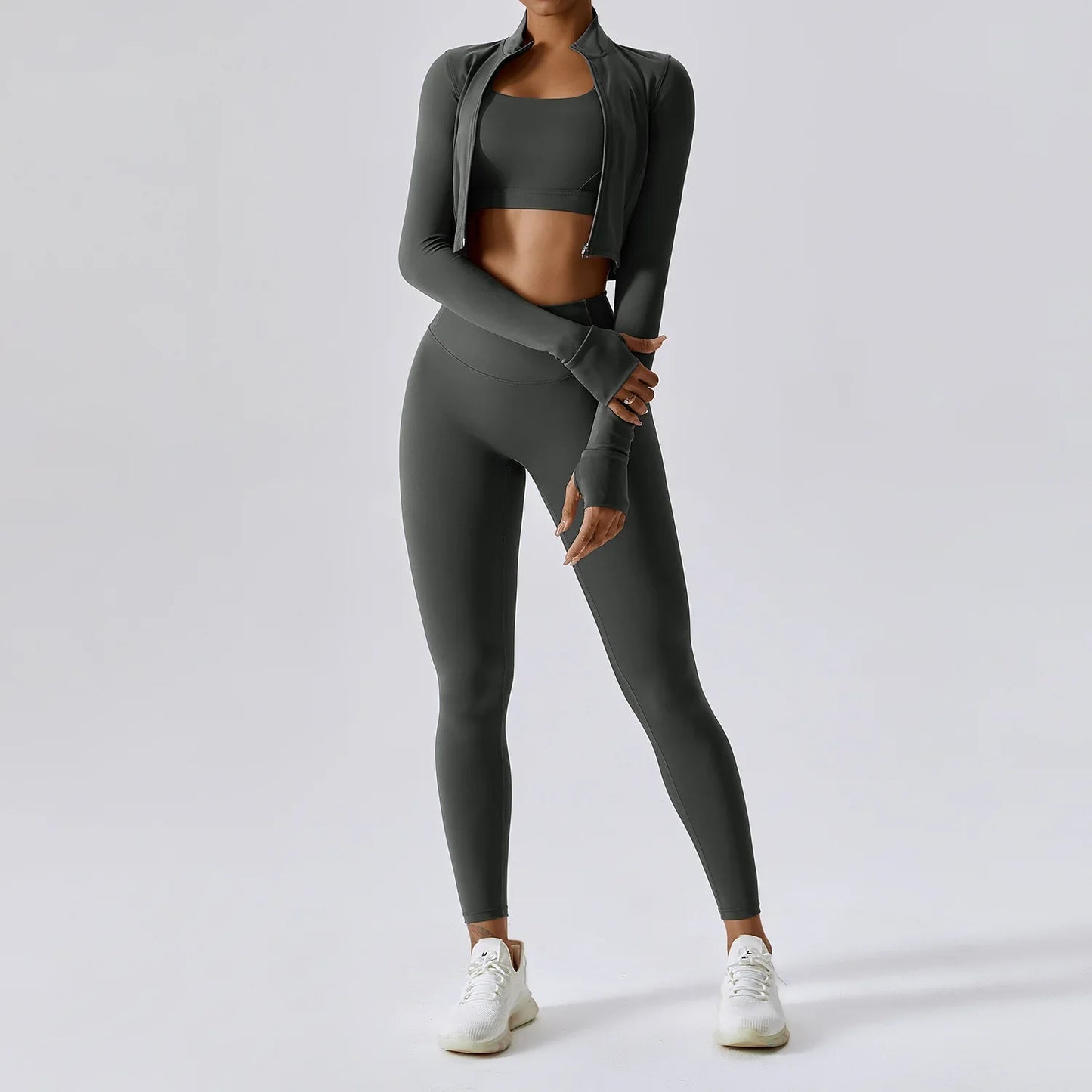 3PCS Women’s Yoga & Workout Set – Long Sleeve Zipper Top with High Waist Leggings Fitness Sportswear