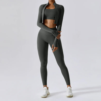 3PCS Women’s Yoga & Workout Set – Long Sleeve Zipper Top with High Waist Leggings Fitness Sportswear