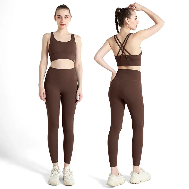 Summer 2 Piece Women's Yoga Tracksuit - Cross-Back Nylon Top and Leggings Athletic Set for Pilates and Fitness