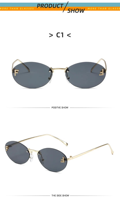Diamond Letter "F" Rimless Sunglasses | Women’s Luxury Metal Frame Black Oval UV400 Shades