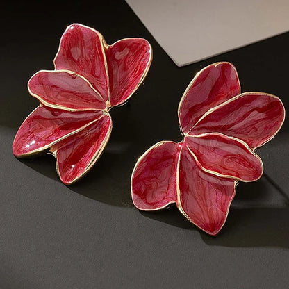 Metal Flower Red Enamel Petal Post Earrings — Trendy Fashion Jewelry for Women, Daily & Holiday Accessories MQ478
