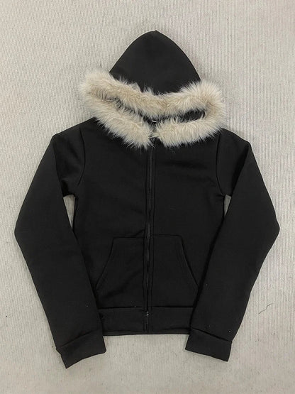 Women’s Y2K Gothic Hoodie - Slim Suede Fur Collar Letter Print Streetwear Sweatshirt