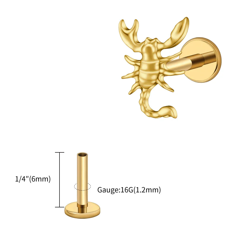 Right Grand ASTM F136 Titanium 16G Scorpion Labret Stud Earring – Flatback Zodiac Design for Tragus, Helix & Cartilage Piercing Body Jewelry