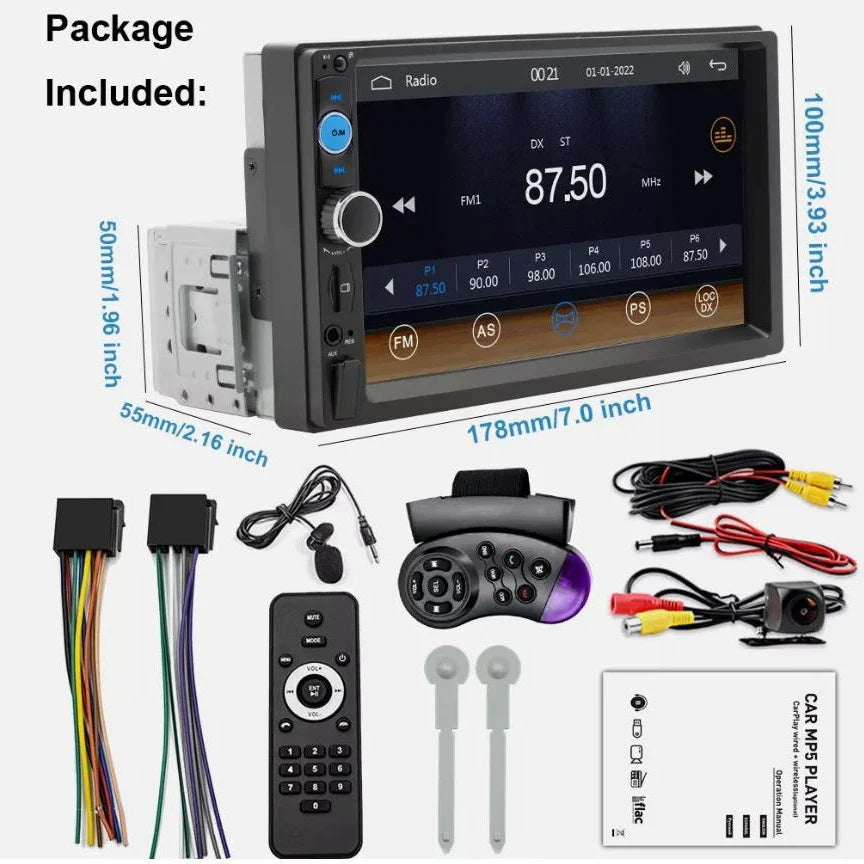7-Inch 1-DIN Car Stereo - Touchscreen Radio with Bluetooth, Apple & Android CarPlay and Backup Camera Support