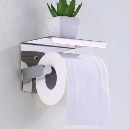 Stainless Steel Bathroom Paper Holder: No-Drill Wall Mount Toilet Roll Holder with Phone Slot - Convenient Home Paper Towel Holder for WC