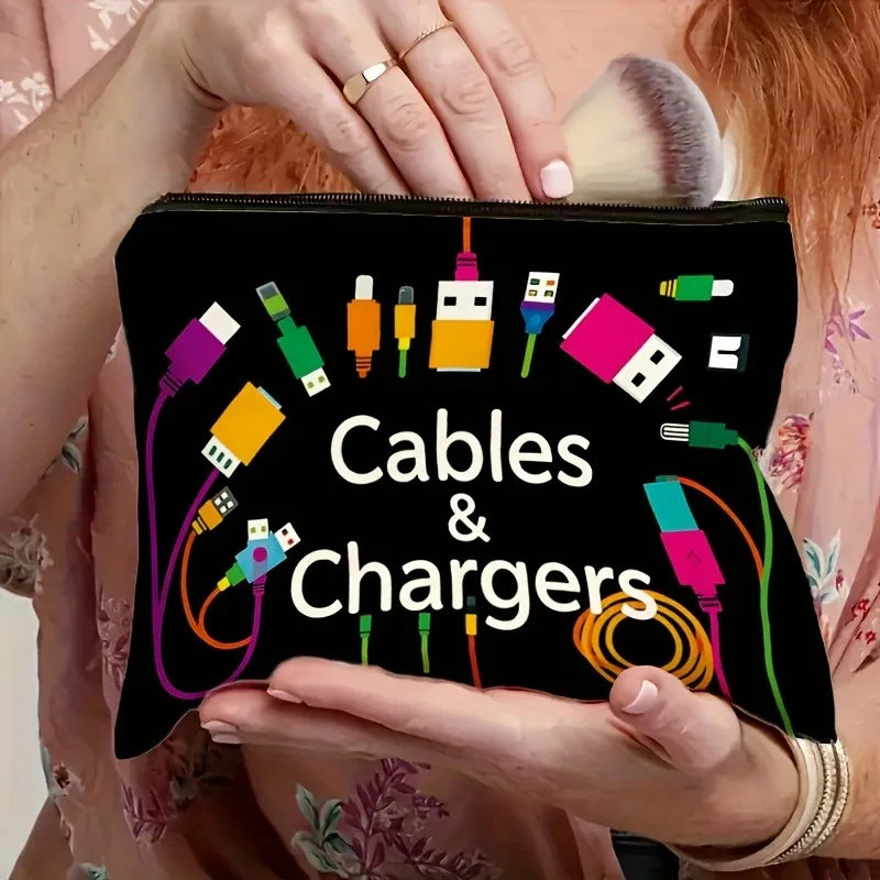 Vibrant Cable & USB Storage Bag - Durable Zipper Pouch with "CHARGERS" Print