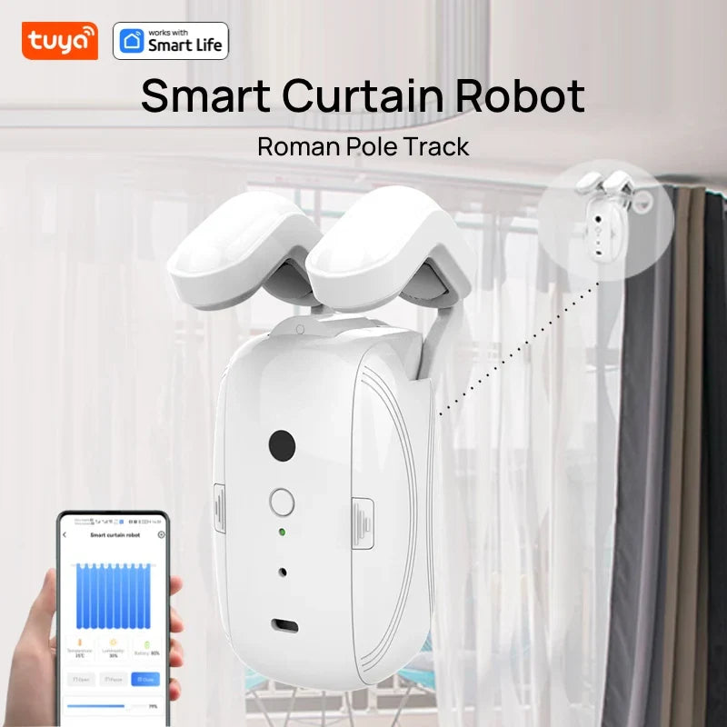 Tuya Smart Curtain Robot – Roman Rod Track with APP Control, Single/Double, Compatible with Tuya Gateway for Remote Control