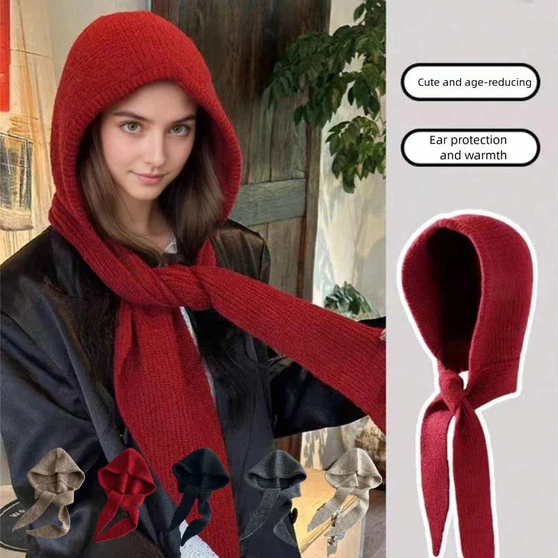 Women’s Warm Hooded Knitted Hat – Autumn Winter Ear Protection Balaclava, Versatile Windproof Ski Beanie with Scarf