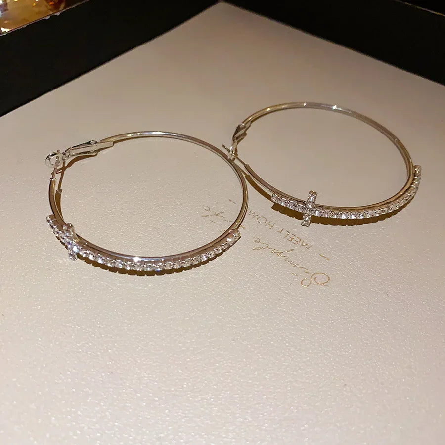 Women’s Shiny Large Circle Cross Hoop Earrings – Rhinestone Geometric High-End Fashion Jewelry