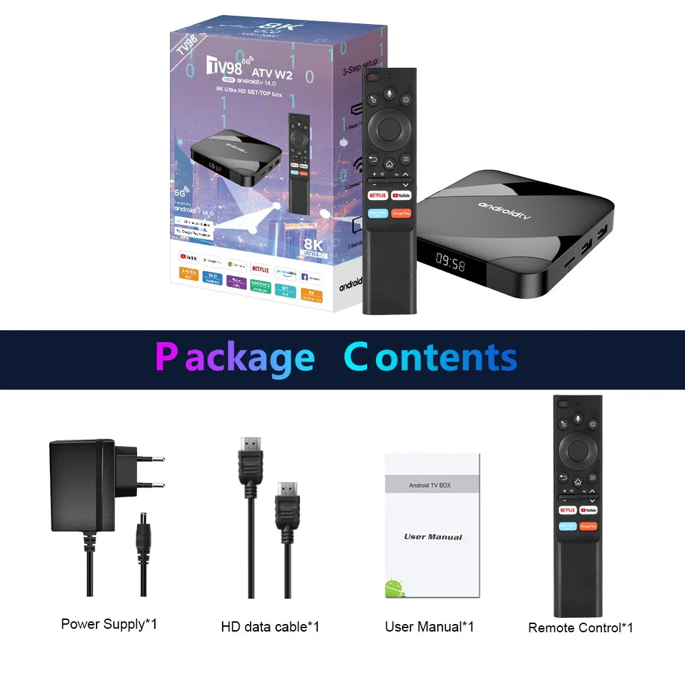 Android 14 TV Box 8K 4K Set Top — Bluetooth 5.2, 4GB RAM, 64GB Storage, S905W2 Quad Core, Dual WiFi, Voice Remote Media Player