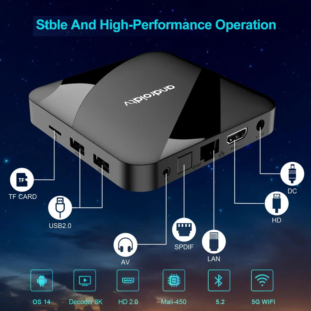 Android 14 TV Box 8K 4K Set Top — Bluetooth 5.2, 4GB RAM, 64GB Storage, S905W2 Quad Core, Dual WiFi, Voice Remote Media Player