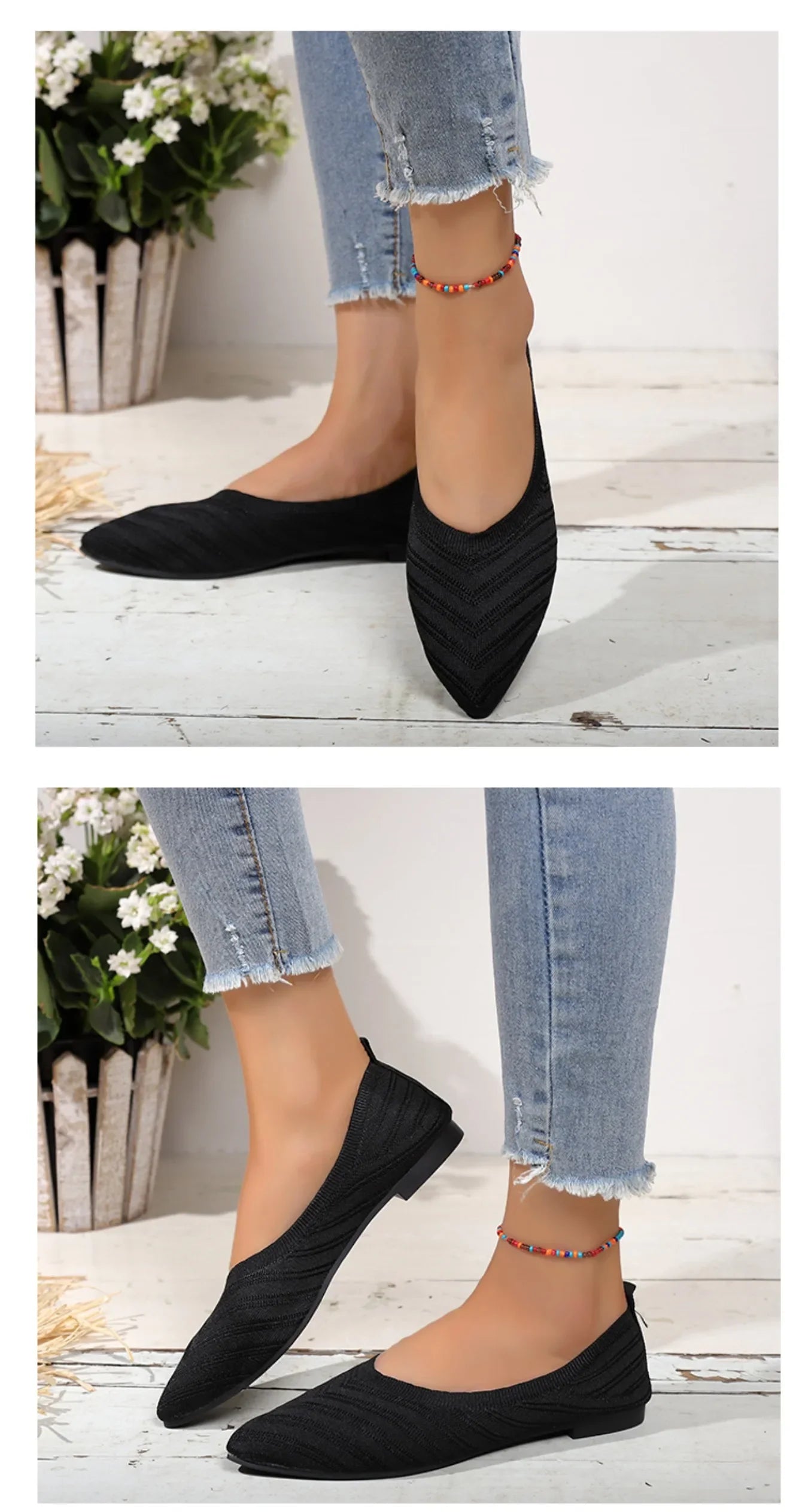 Women’s Solid Color Pointed Toe Knitted Slip-On Flats – Casual Breathable Ballet Loafers