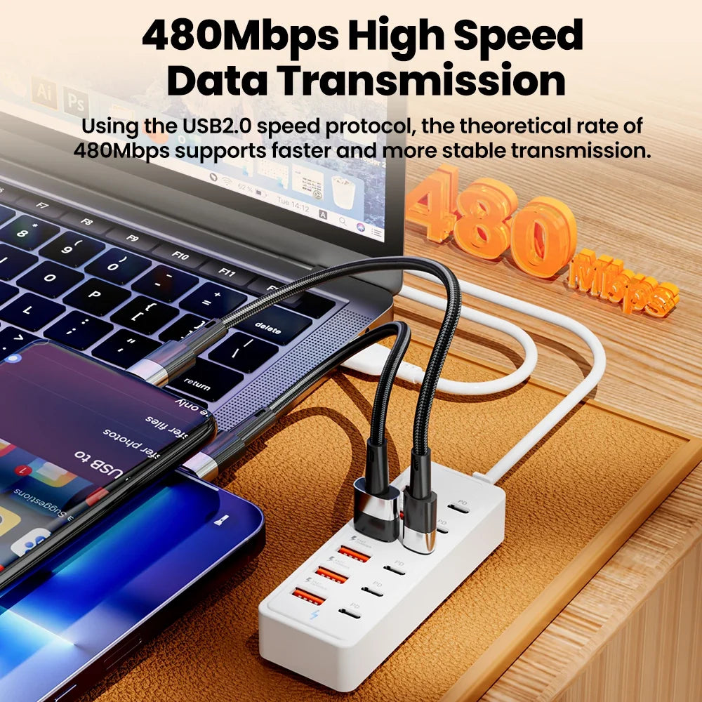 12-in-1 USB Charging Station - Fast Desktop Power Strip with USB Hub Adapter & 1M Cord for Home Office