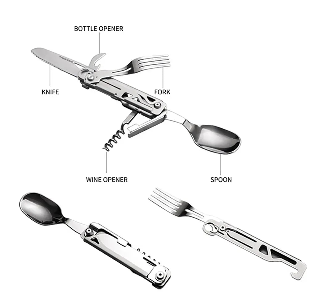 Outdoor Multi-Function Portable Tableware - Foldable Cutlery Set with Knife, Fork, Spoon, and Bottle Opener for Camping