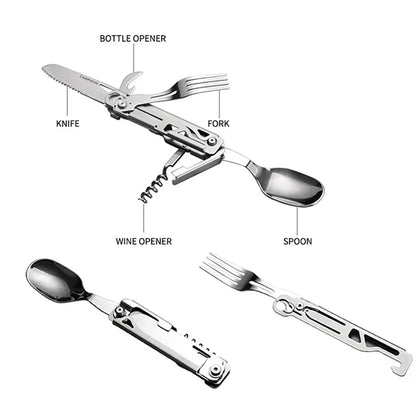 Outdoor Multi-Function Portable Tableware - Foldable Cutlery Set with Knife, Fork, Spoon, and Bottle Opener for Camping