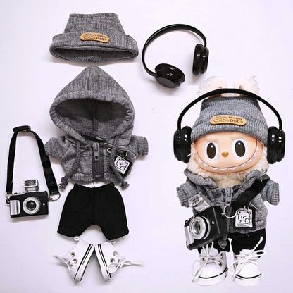 Labubu 15cm/17cm Universal Hoodie Set – Gray Trendy Outfit with Camera, Glasses, Headphones & Canvas Shoes (Series 1-3 Compatible)