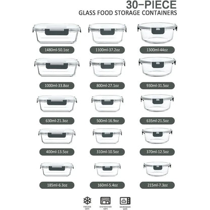30-Piece Glass Food Storage Container Set — Airtight Meal Prep Containers with Upgraded Snap-Lock Lids, Oven Safe