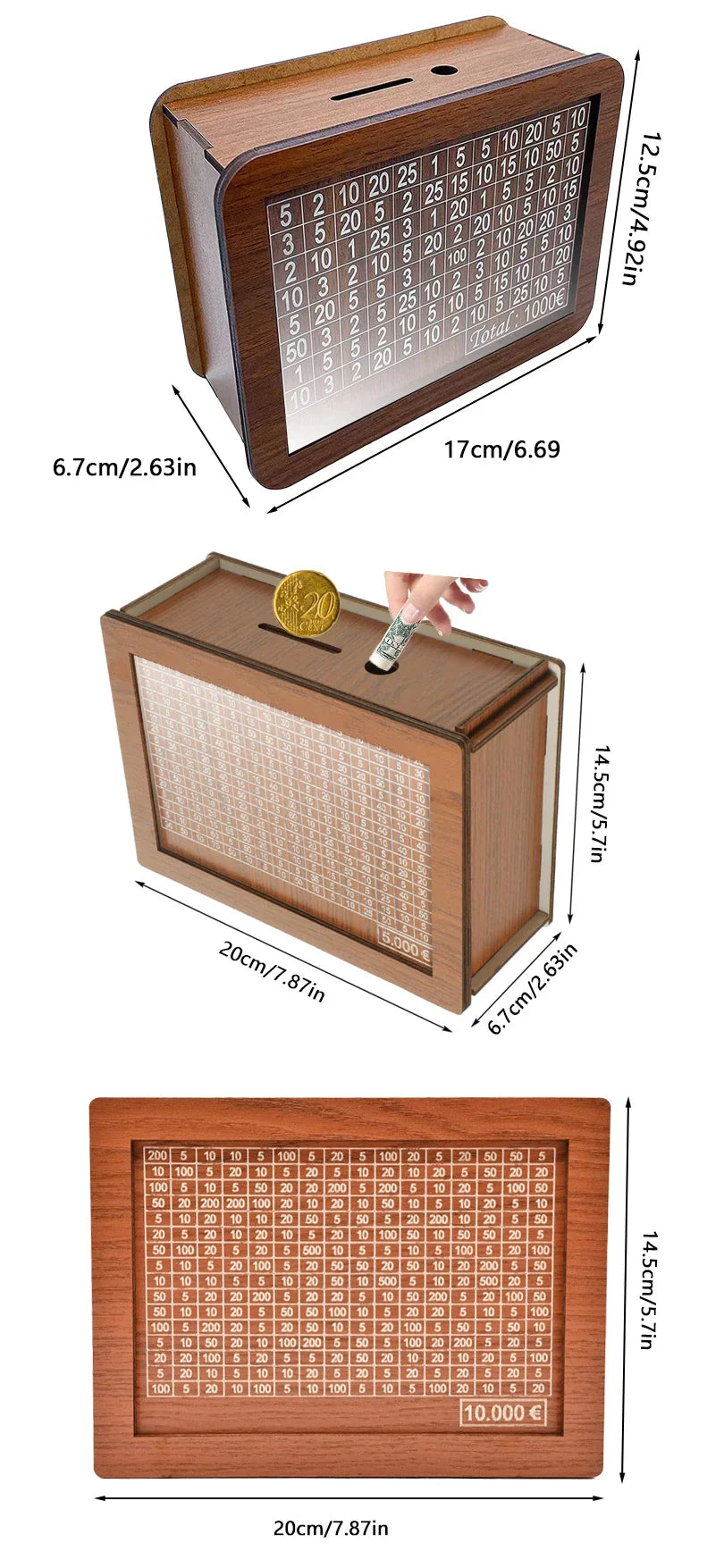Wooden Money Box Piggy Bank – Cash Saving Treasure Coin Case for 1000/5000/10000 Euro – Encourages Saving Habit