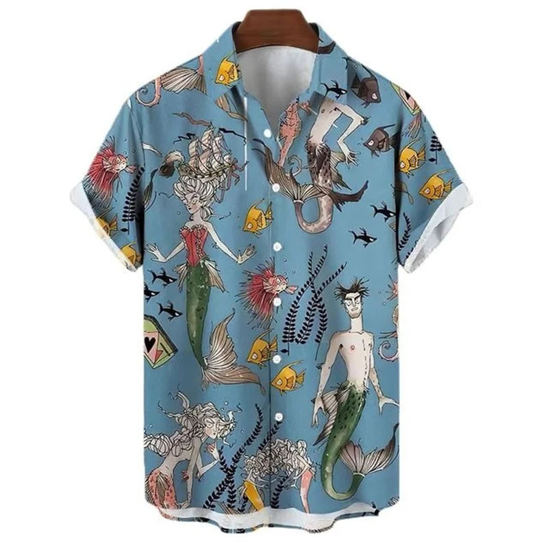 Men's Retro Mermaid Hawaiian Shirt - 3D Print Casual Short Sleeve Button-Up Summer Shirt