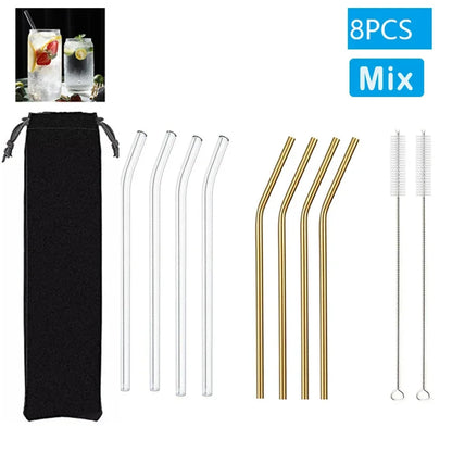 Eco-Friendly Reusable Glass & Metal Straws – 1/20PCS with Cleaning Brush for Smoothies, Milkshakes & Cocktails
